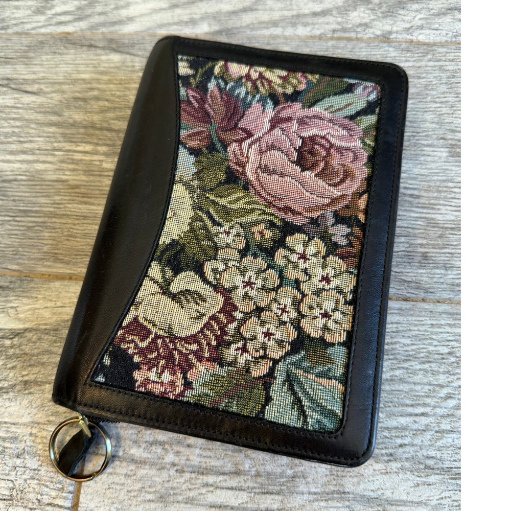 Franklin Covey Planner Pocket Tapestry Nappa Leather Folio Vintage Black Floral